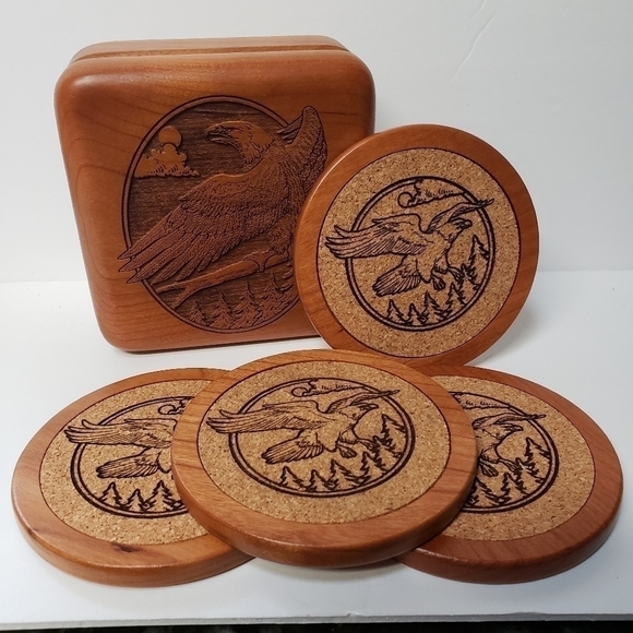 Eagle Coaster Set 4 Wilderness Wood Laser Cut Etched With Lined Box - Picture 4 of 8
